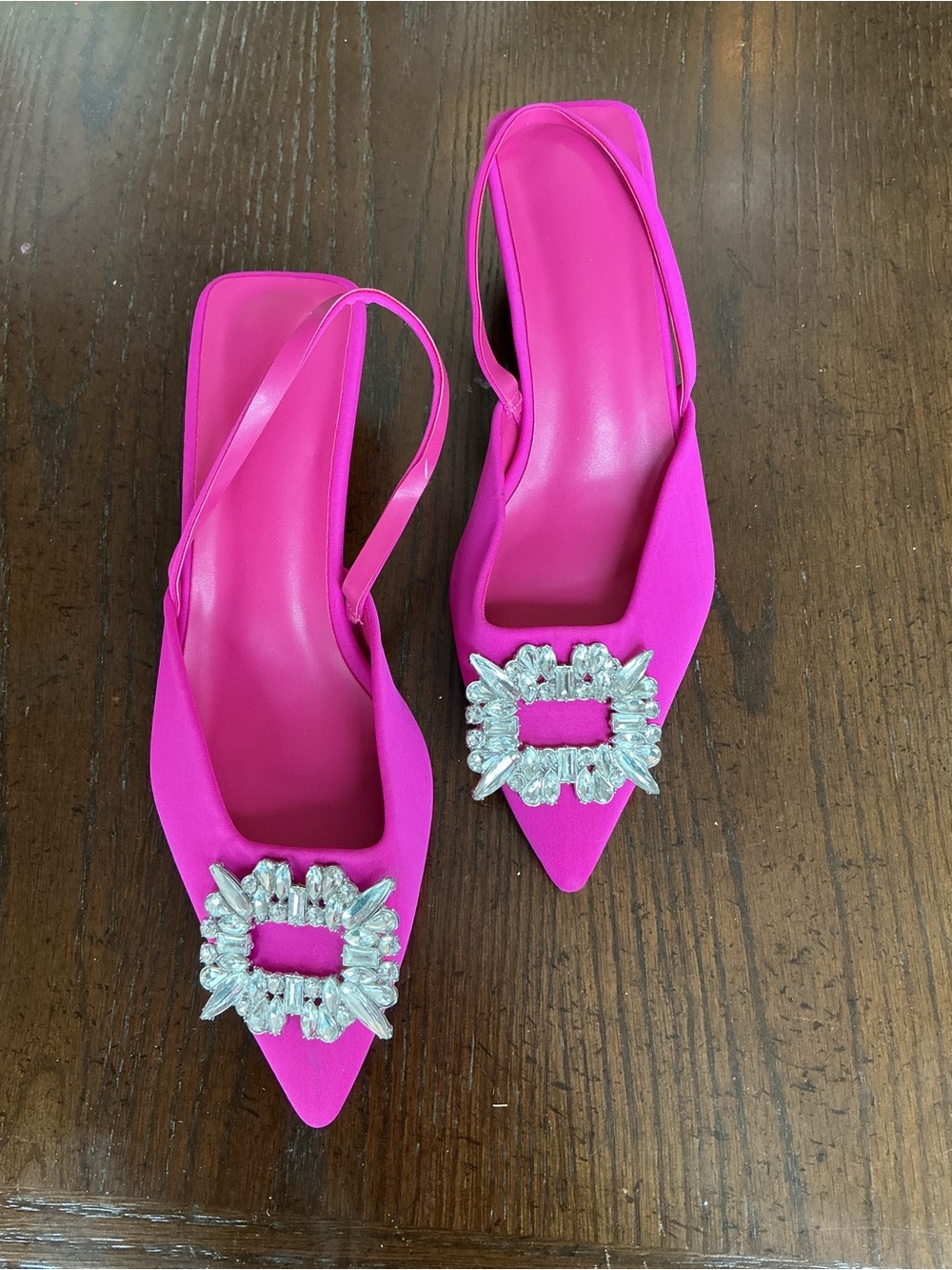 SHEIN Hot Pink Pointed-Toe Slingback Flats with Crystal Buckle